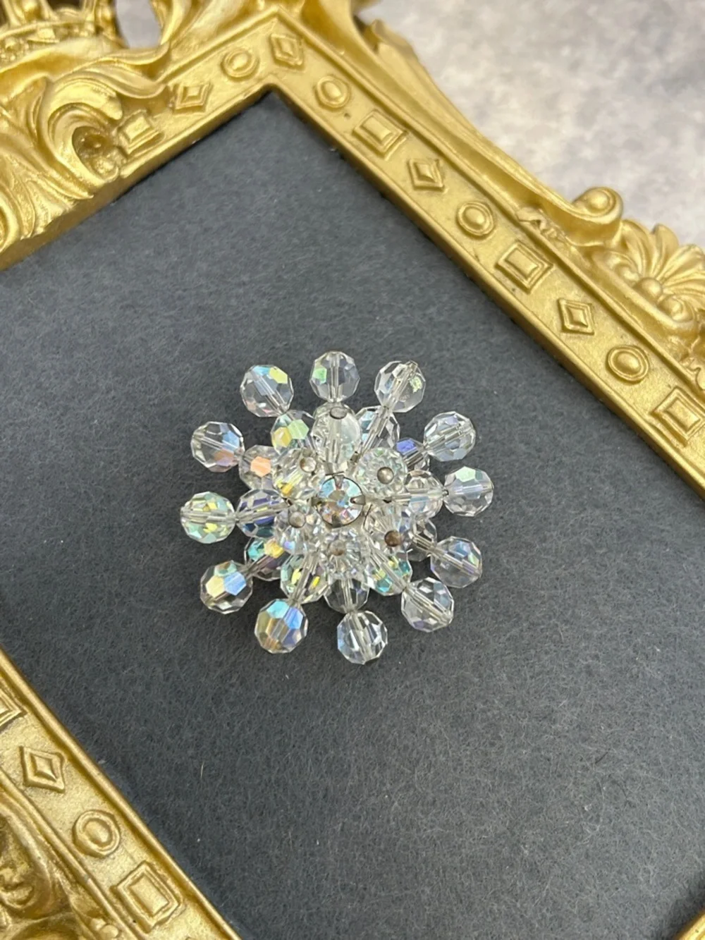 Vintage Crystal Aurora Borealis Flower Brooch - Sparkling Clear Rhinestone Pin